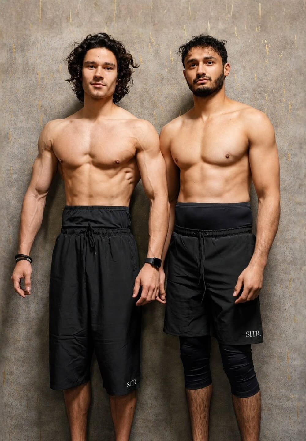 Twee broeders staan naast elkaar in zwarte SITR. sportbroeken: links de Long Fit Short in een laag, rechts de 2-in-1 Short met de legging eronder